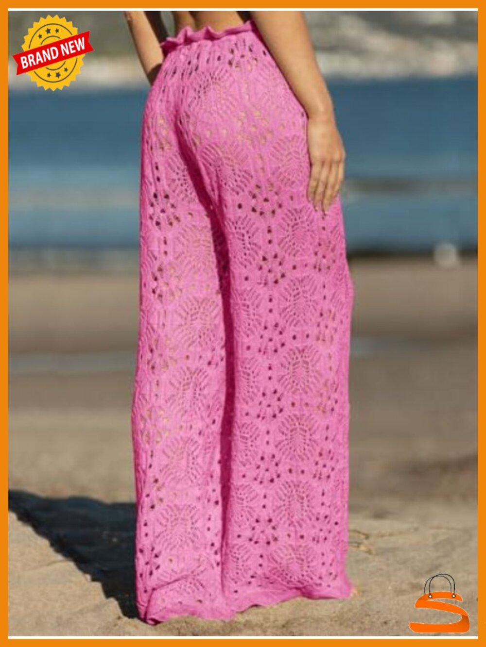 Crochet High Waisted Beach Cover Up Pants Mesh Knit Sheer Swim Coverup - Picture 4 of 6